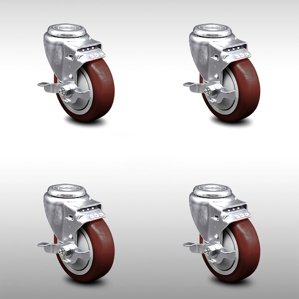 4 Inch SS Maroon Polyurethane Wheel Swivel Bolt Hole Caster Set with Brake SCC